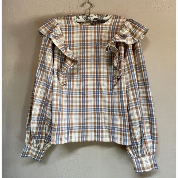 Aura Tops - Aura Women's Medium Round Neck Brown Plaid Long Sleeve Ruffle Top Blouse NWOT